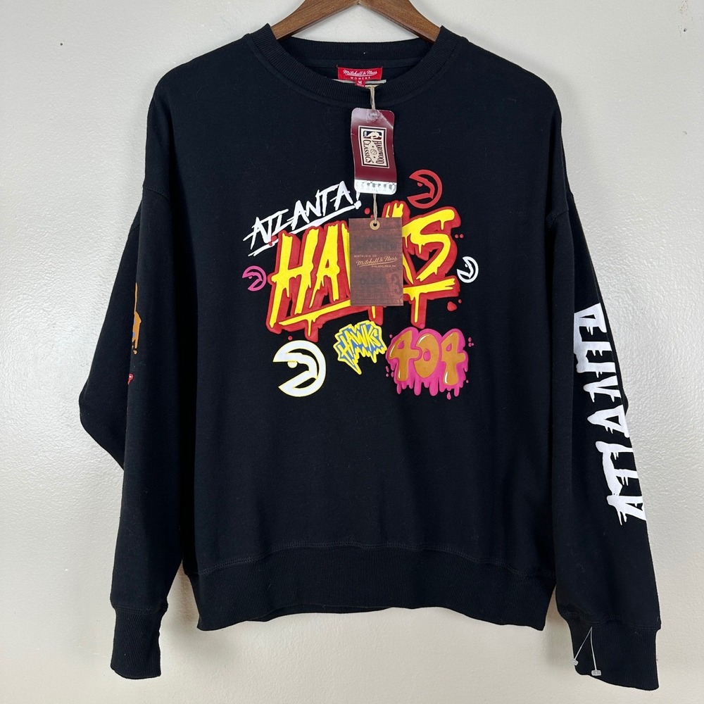 Mitchell & Ness Women's M Atlanta Hawks Sweatshirt Black Slap Sticker FCPO4980